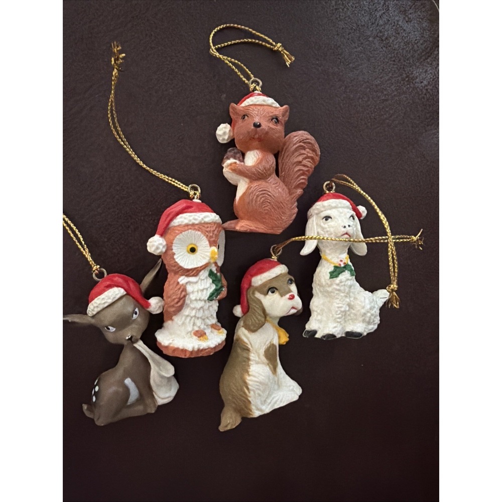 Vintage Woodland Animal Ornaments Lot of 5 Santa Hat Critters Christmas Tree‎